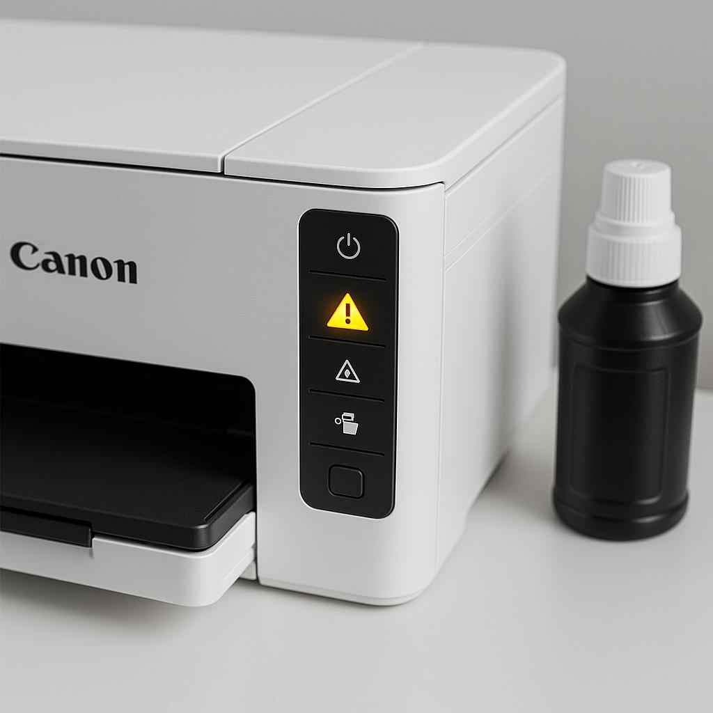 co oznacza żółty migający trójkąt na drukarce canon?